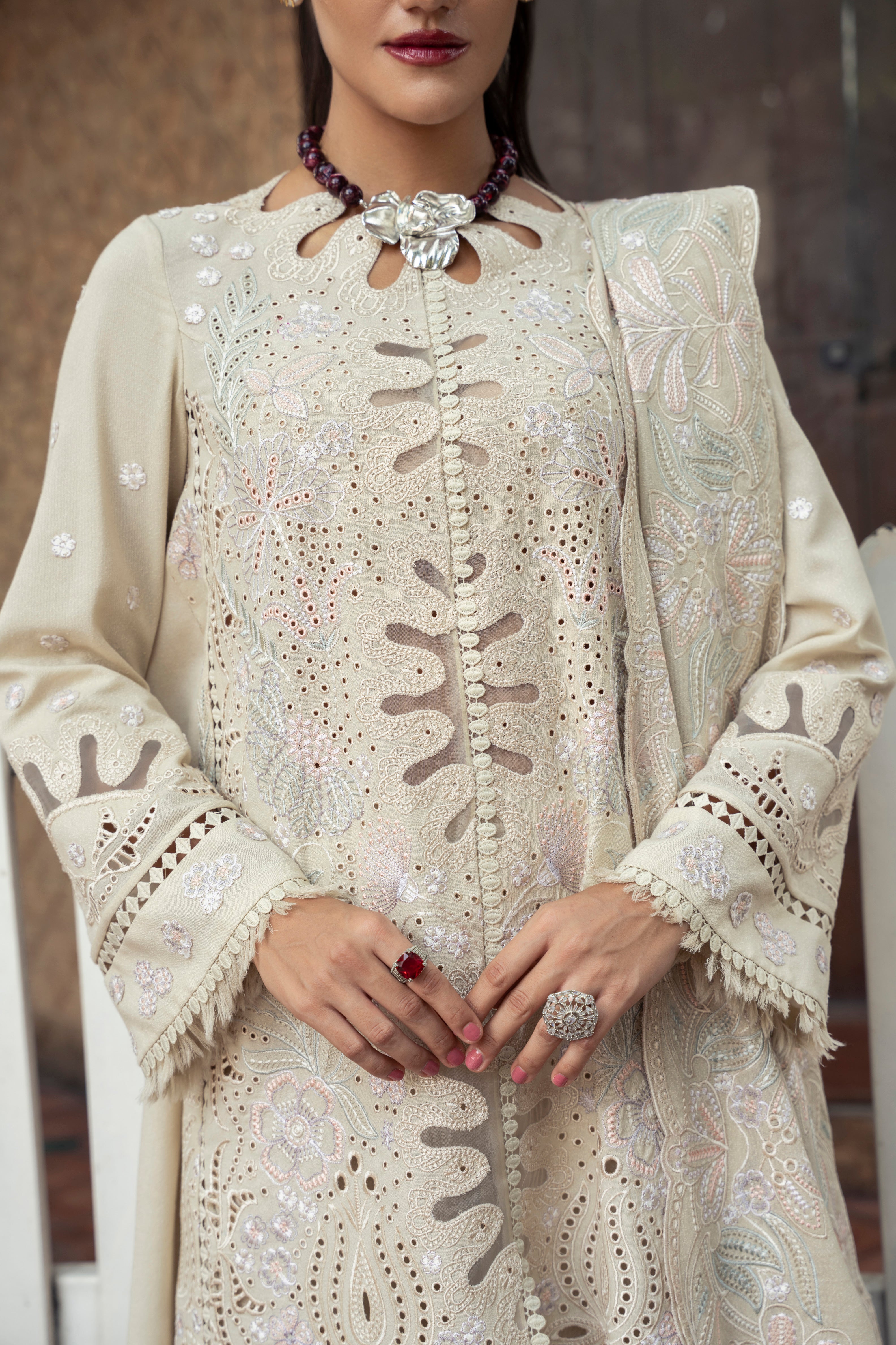 Mysie by Tahira Moana beige karandi outfit with pastel embroidery