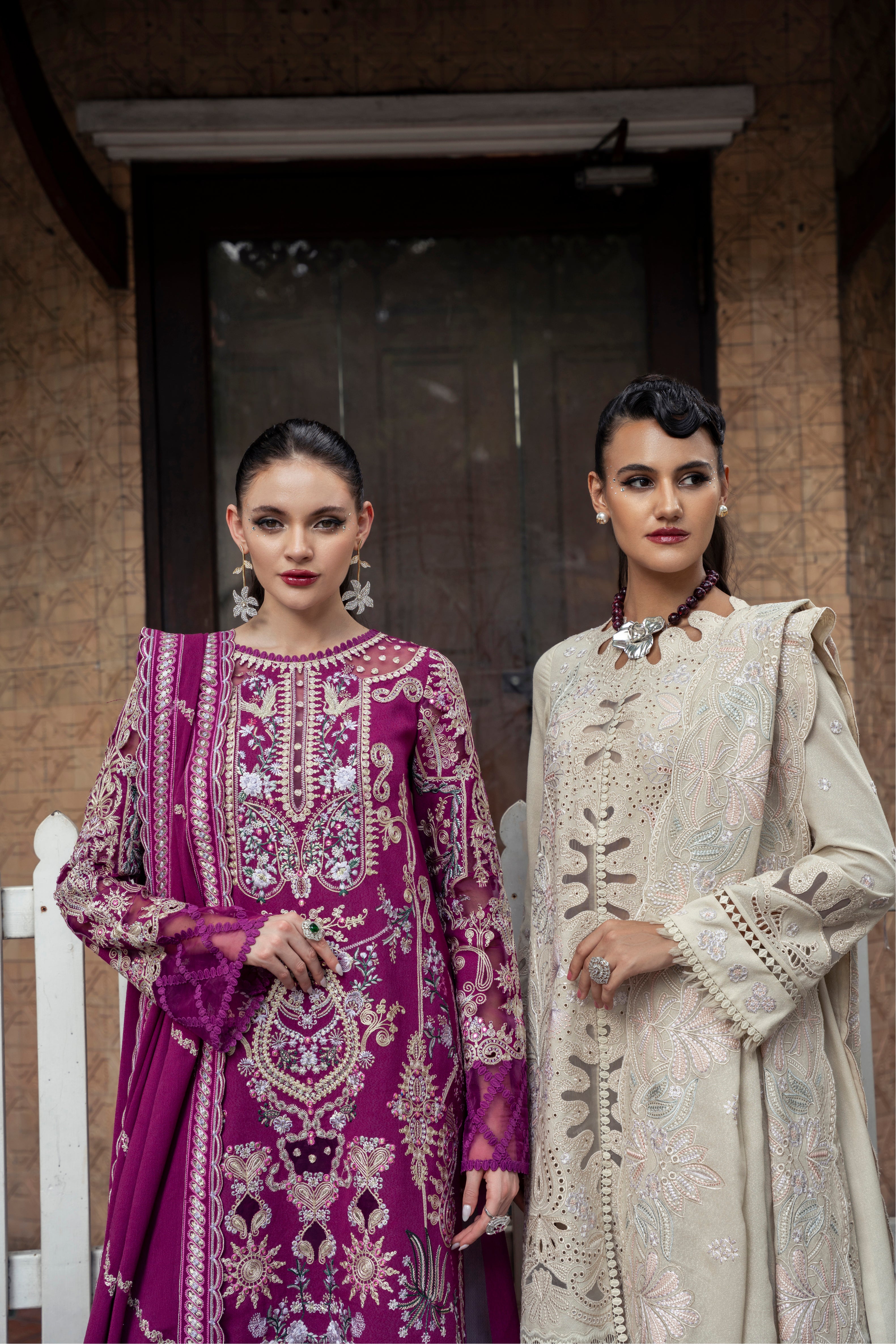 Mysie by Tahira Moana beige karandi outfit with pastel embroidery