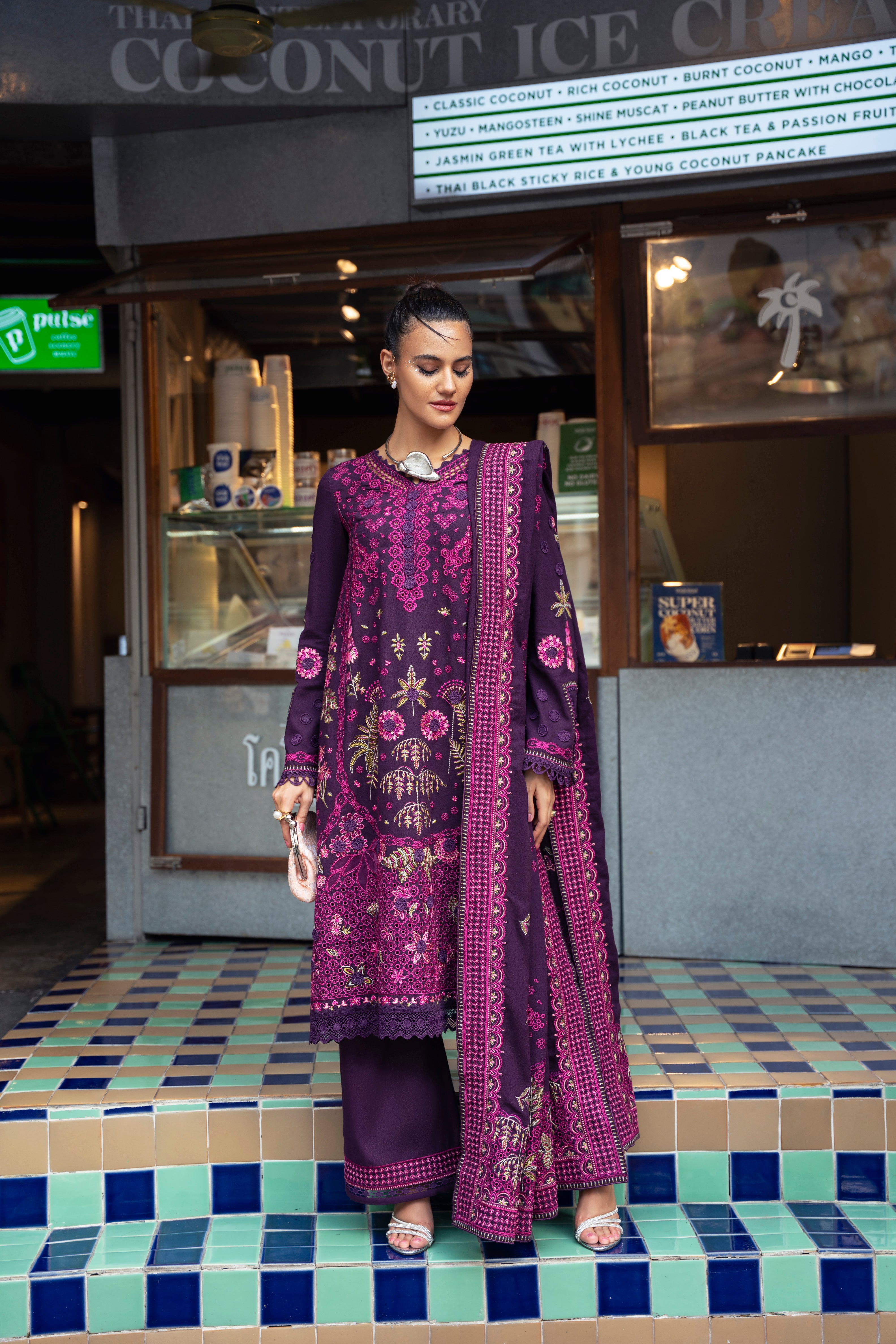 Mysie by Tahira Mulan karandi 3-piece outfit in plum with pink and gold embroidery