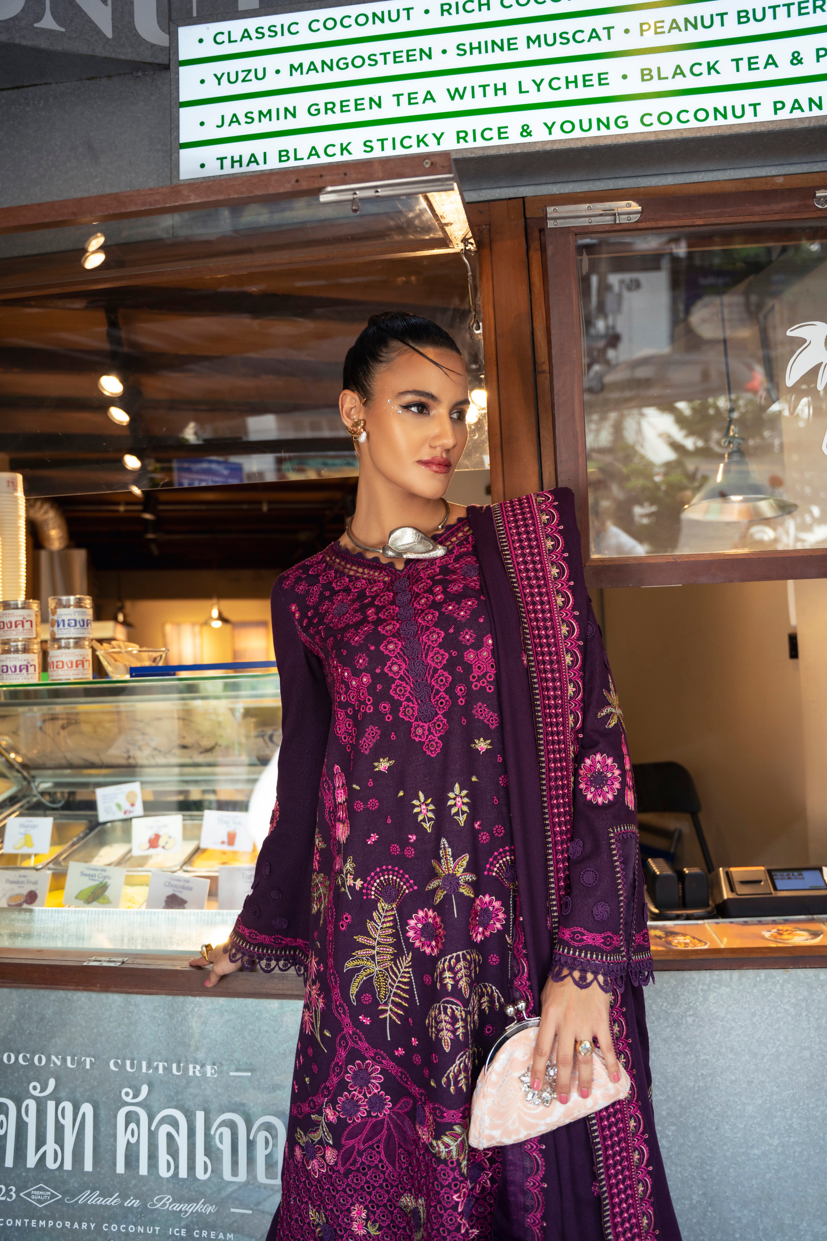 Mysie by Tahira Mulan karandi 3-piece outfit in plum with pink and gold embroidery