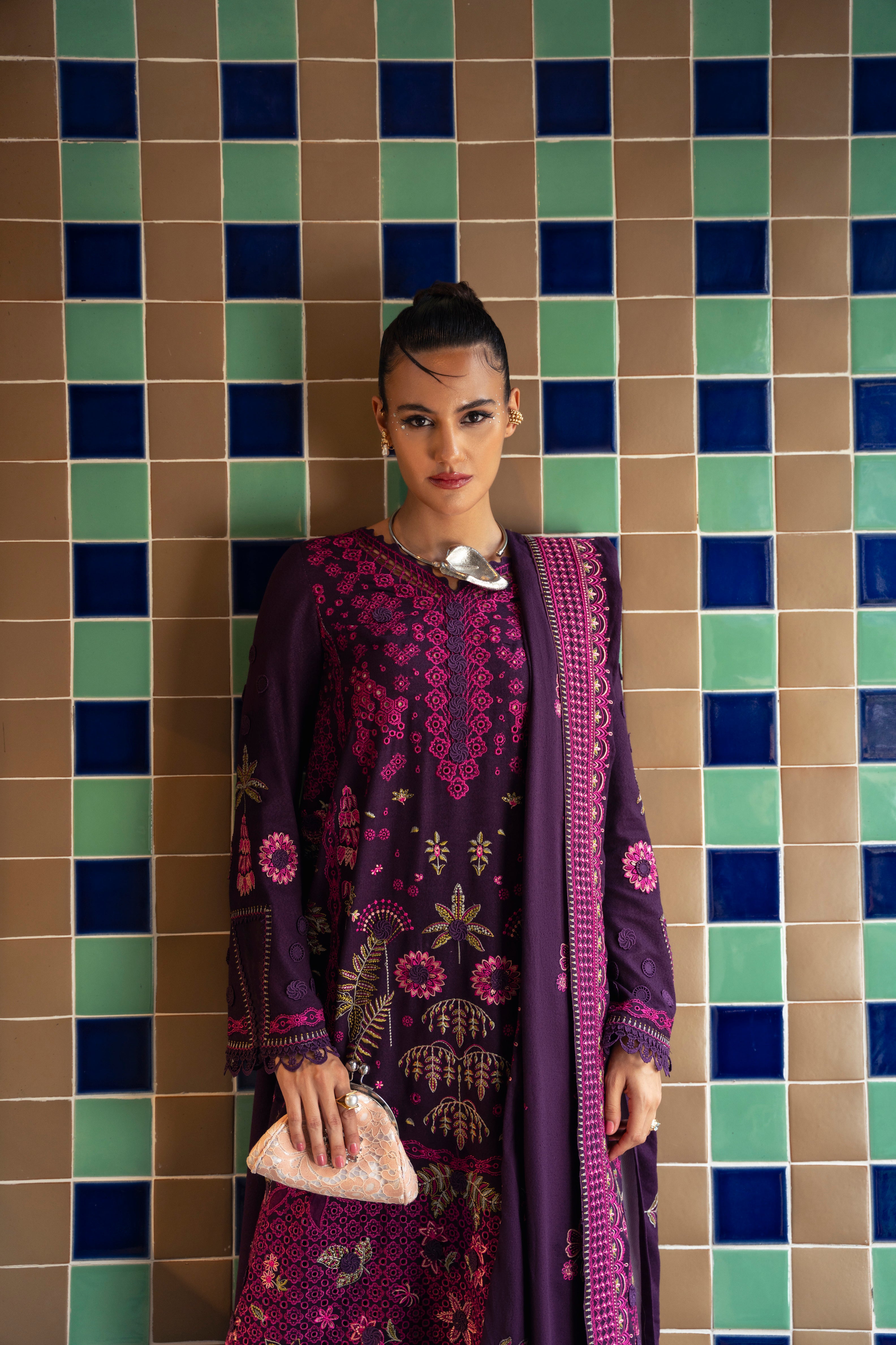 Mysie by Tahira Mulan karandi 3-piece outfit in plum with pink and gold embroidery