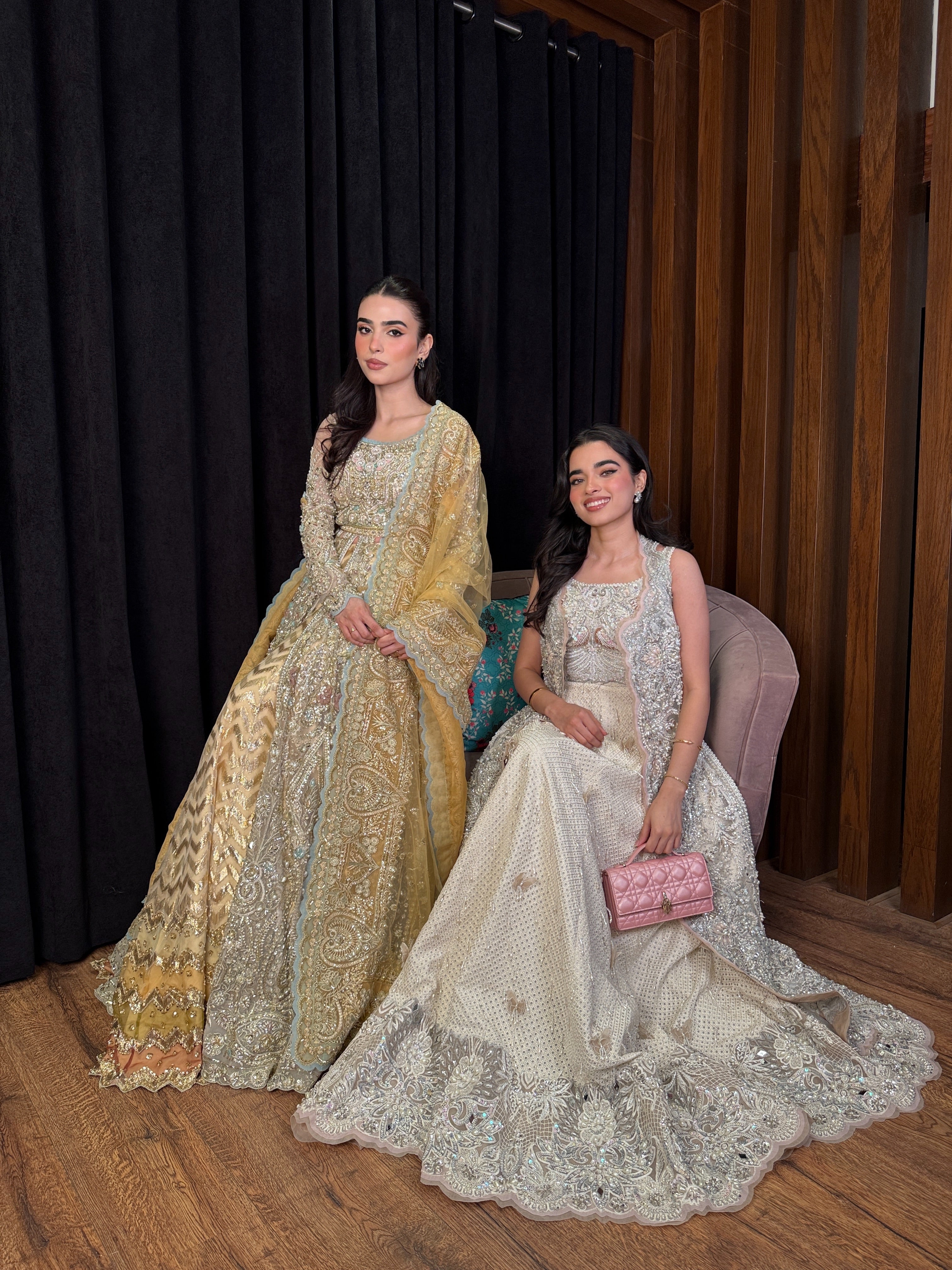 Designer champagne net gown with intricate handwork and gold dupatta – Tansa by Mysie by Tahira, Pakistani wedding wear.