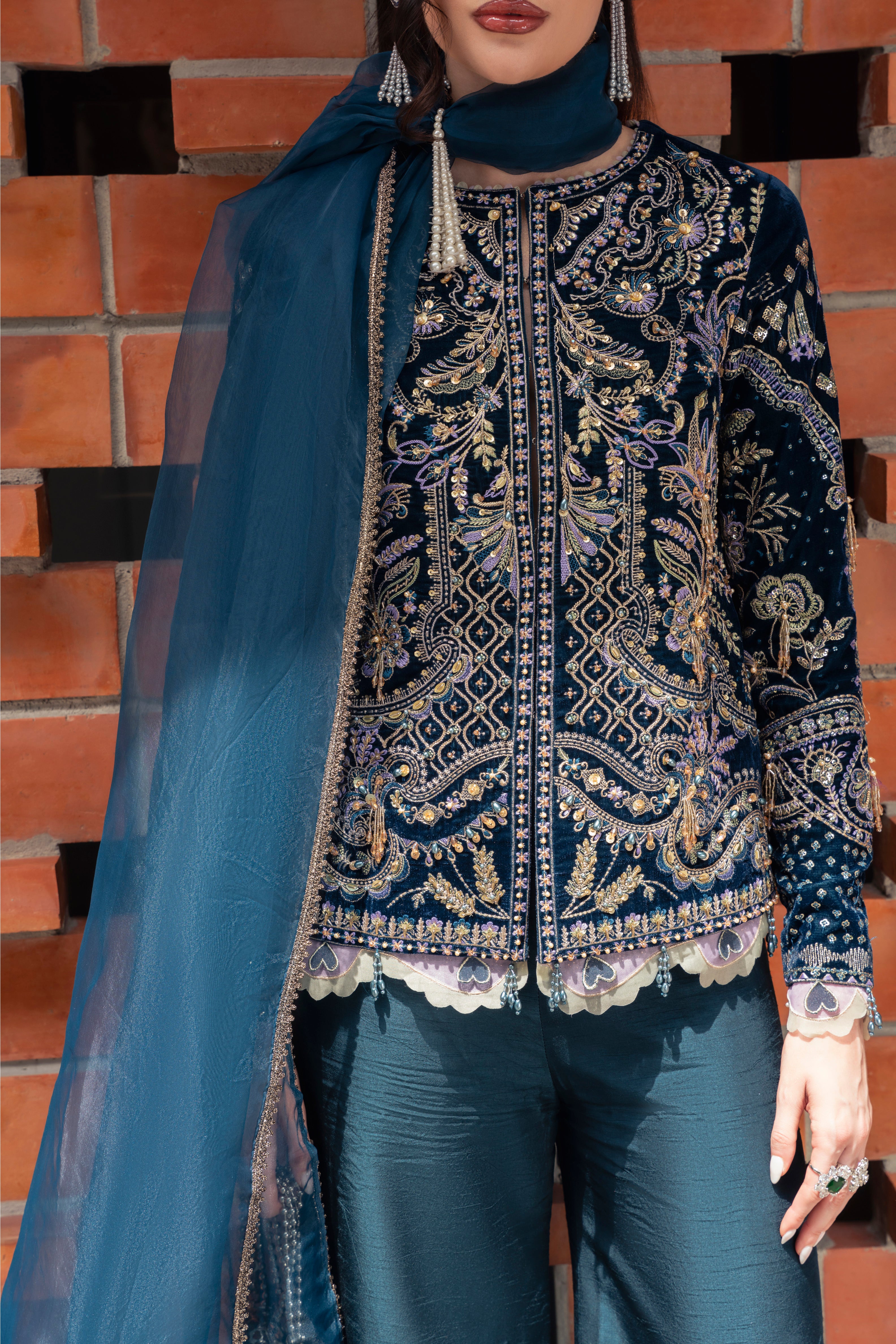 ORA Velvet Shirt & Raw Silk Pant Set by Mysie by Tahira – Navy Blue Velvet Designer Dress