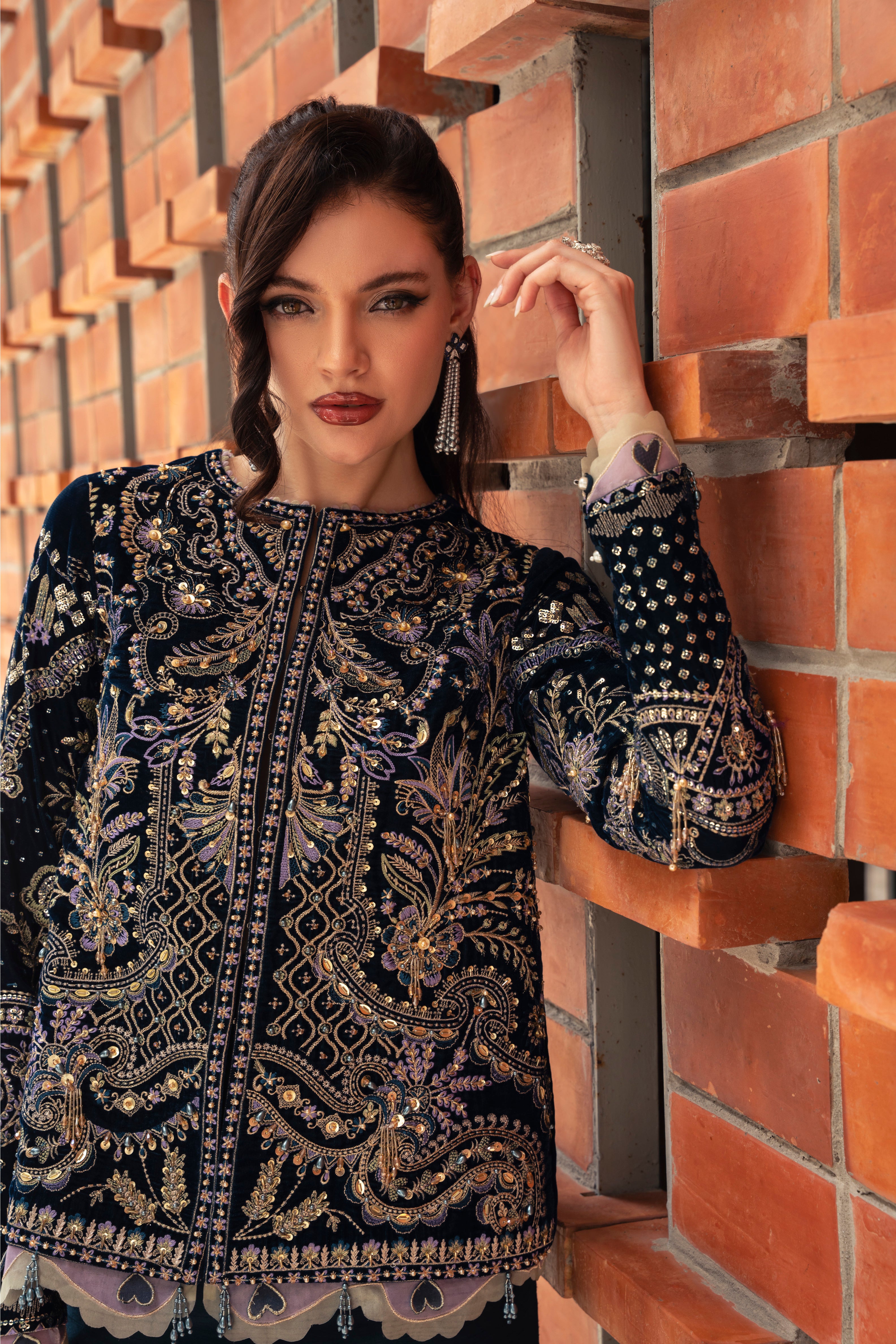 ORA Velvet Shirt & Raw Silk Pant Set by Mysie by Tahira – Navy Blue Velvet Designer Dress