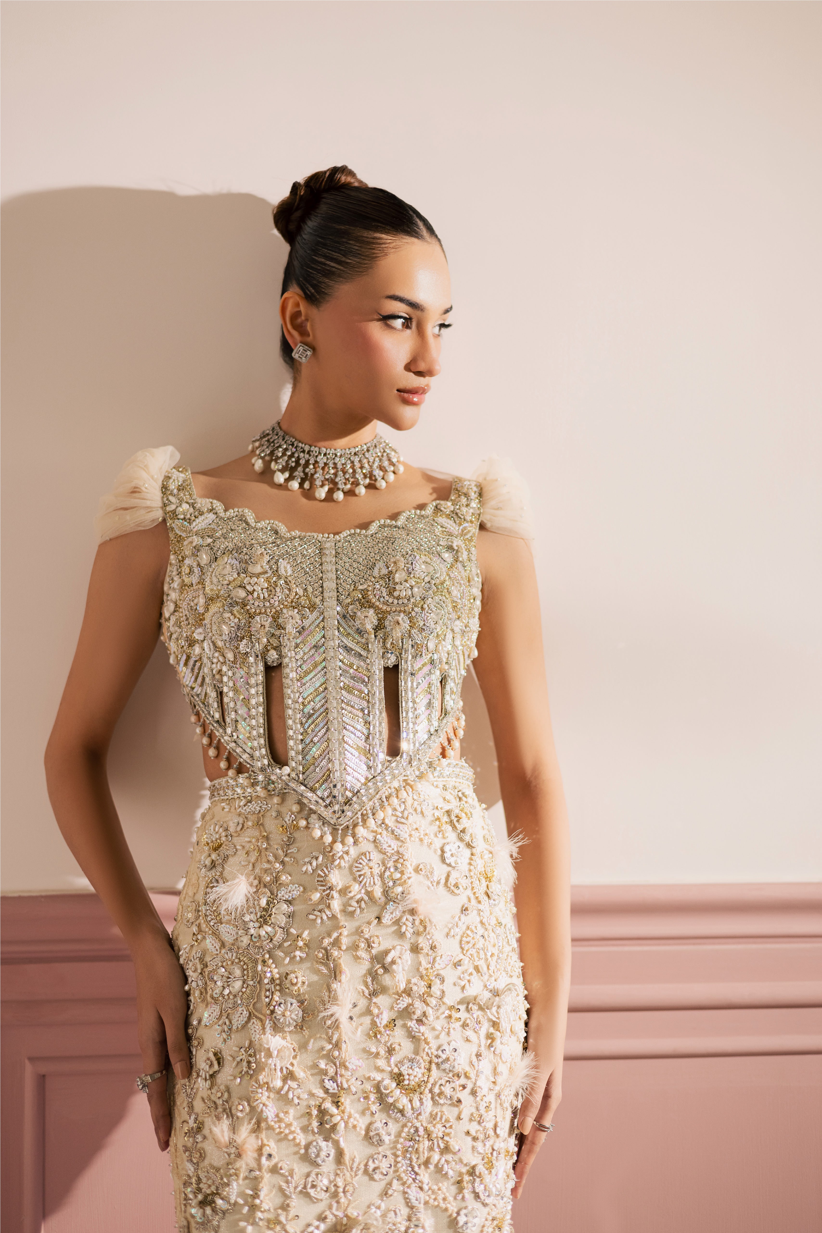 Beige-ivory luxury Radhika bridal lehenga with embellished choli and net dupatta by Mysie By Tahira.