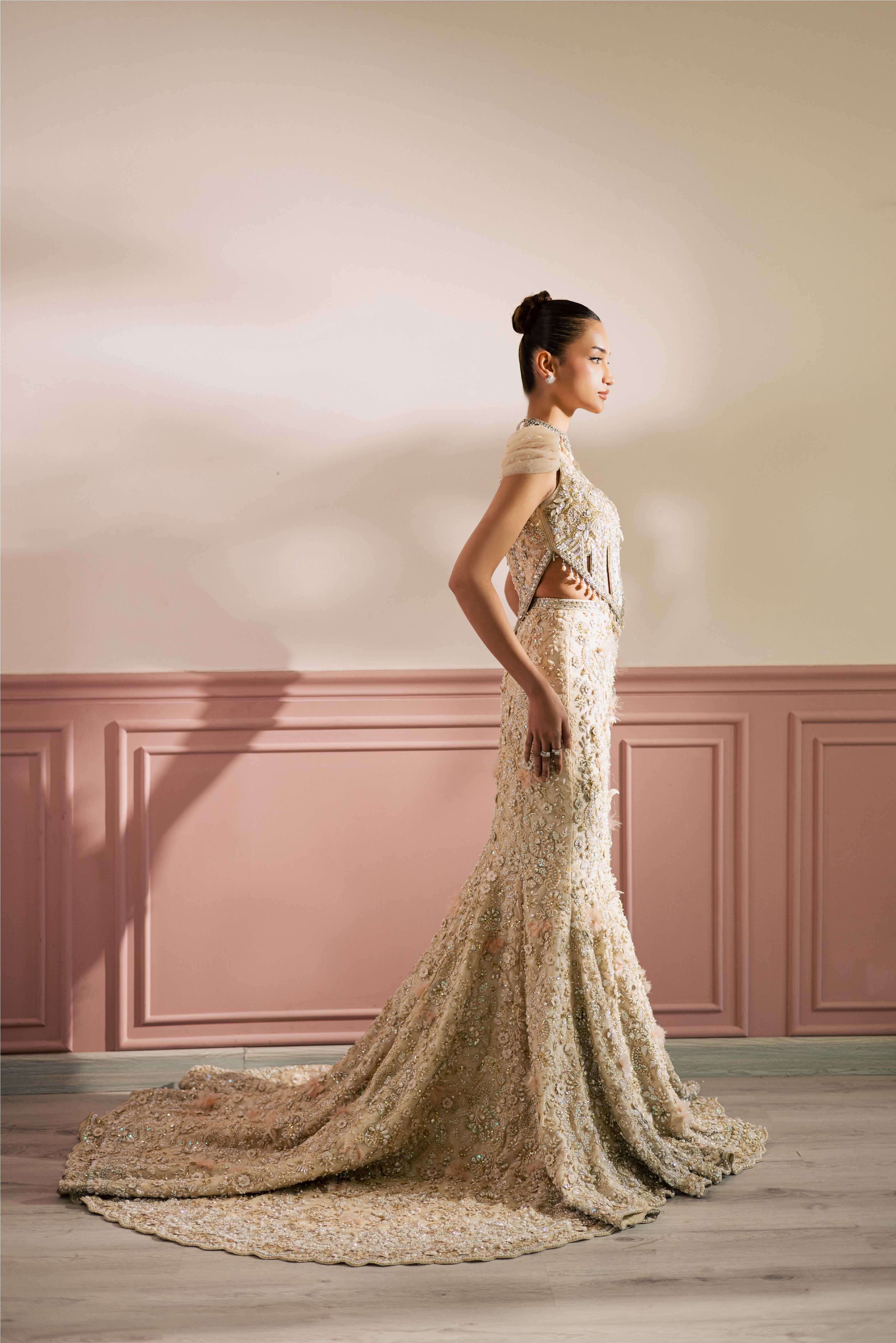 Beige-ivory luxury Radhika bridal lehenga with embellished choli and net dupatta by Mysie By Tahira.