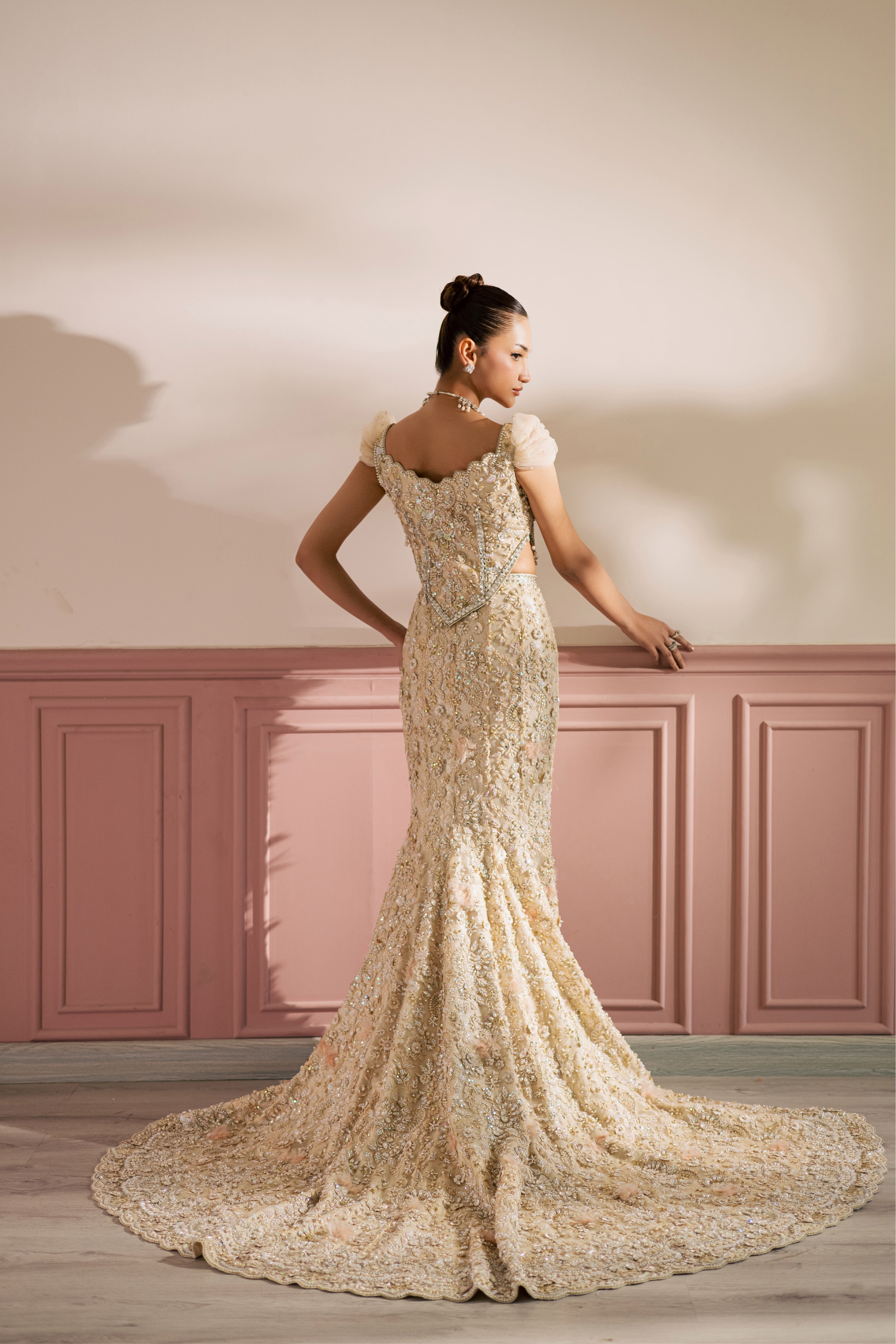 Beige-ivory luxury Radhika bridal lehenga with embellished choli and net dupatta by Mysie By Tahira.