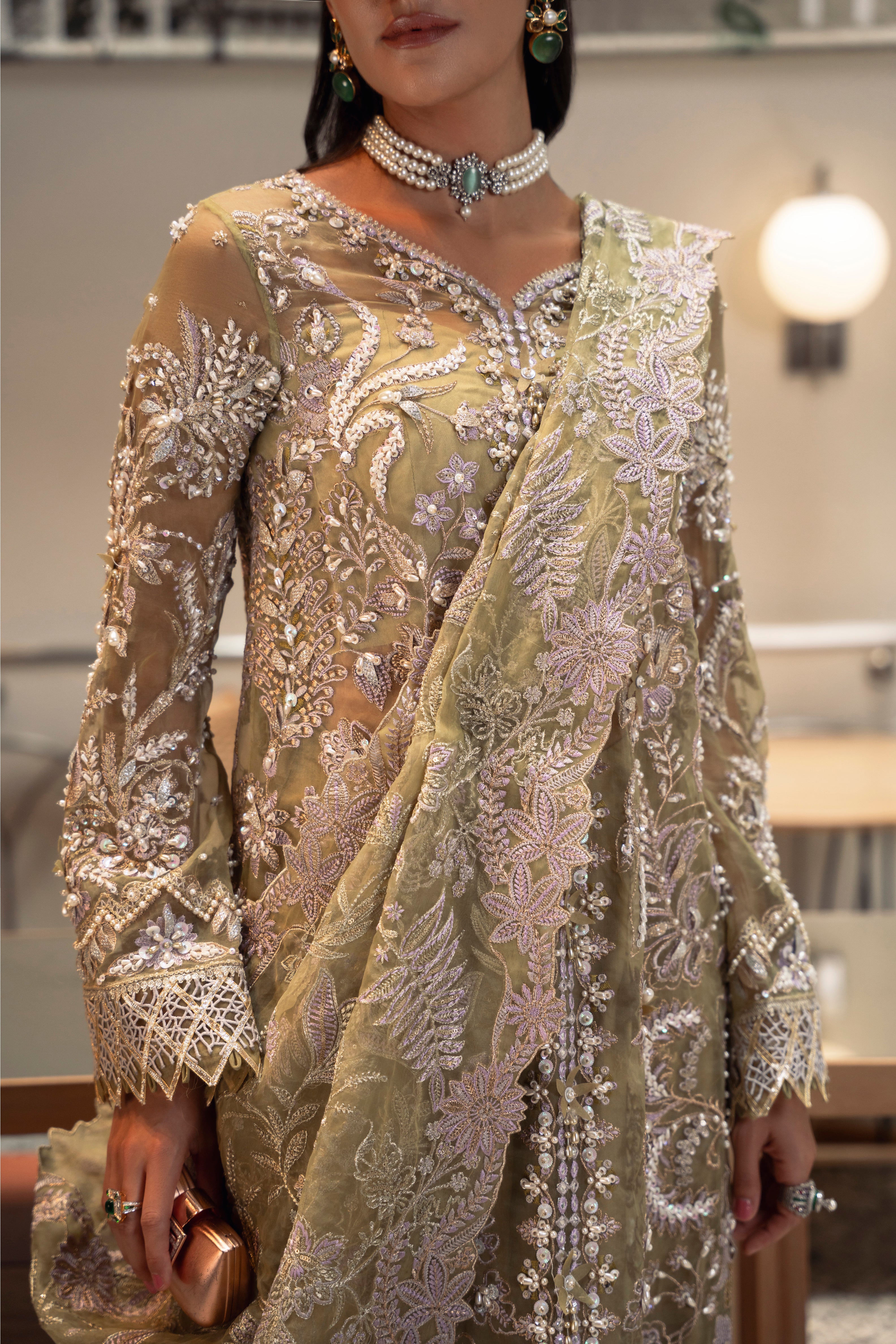 Taisha Organza Shirt & Dupatta with Raw Silk Pant & Slip Set by Mysie by Tahira – Olive Green Designer Dress