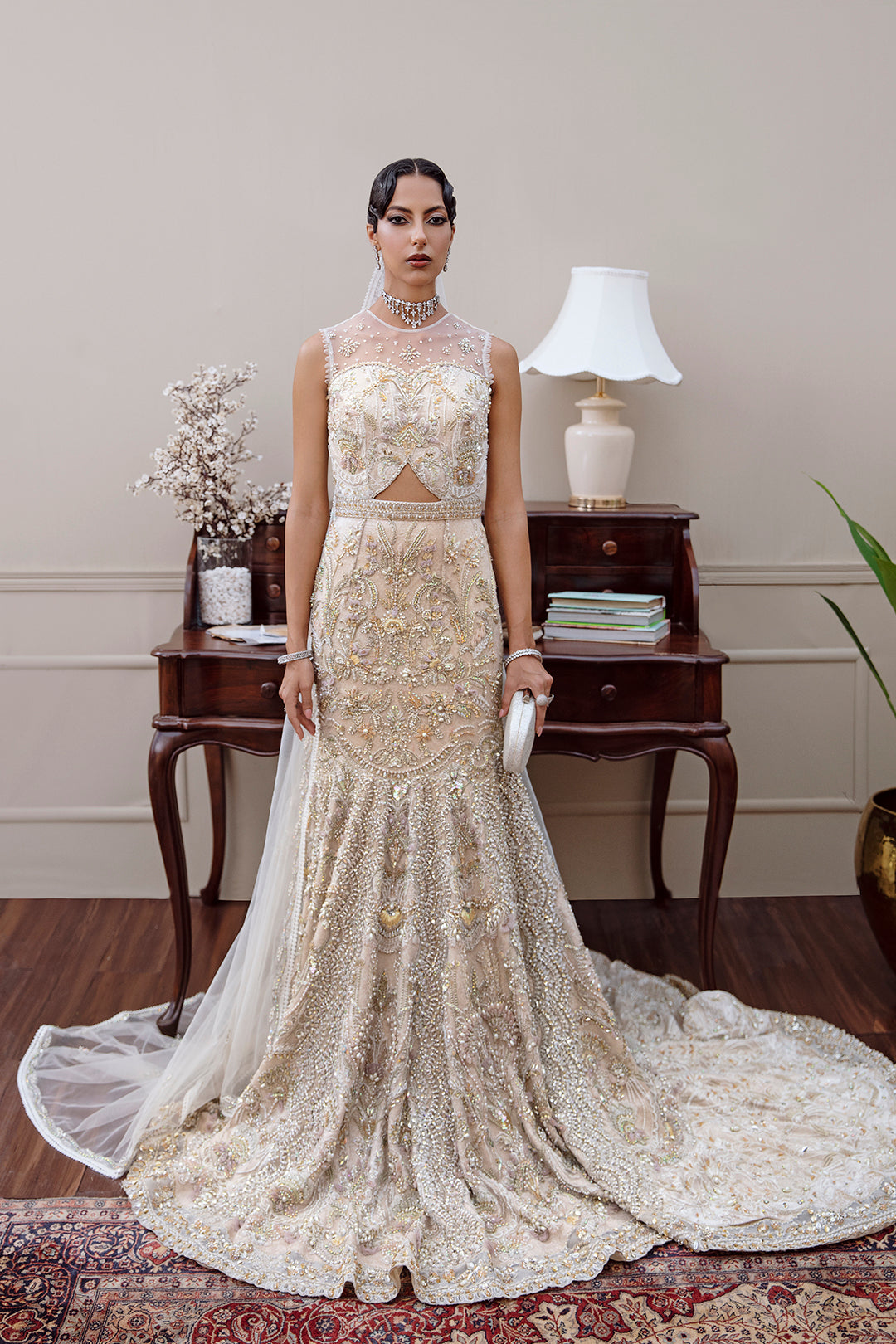 Zevarna bridal lehnga choli in daisy off-white net with pearl and sequin embellishments – Pakistani bridal fashion.