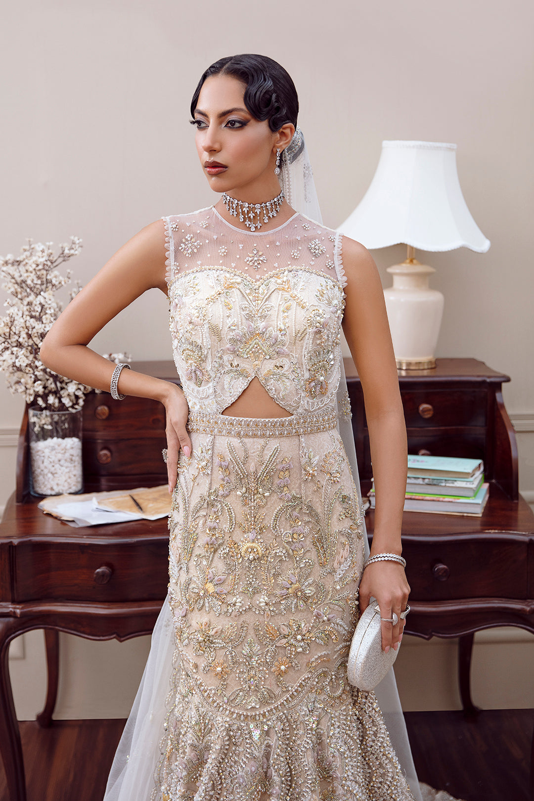 Zevarna bridal lehnga choli in daisy off-white net with pearl and sequin embellishments – Pakistani bridal fashion.