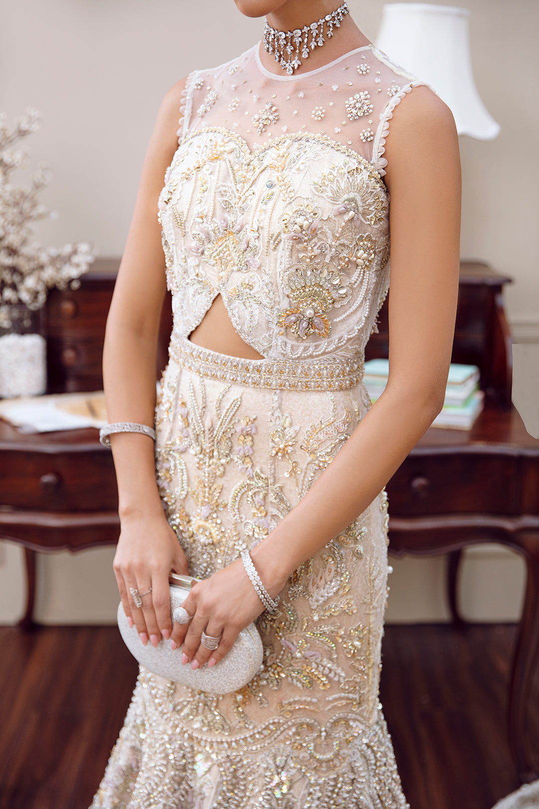 Zevarna bridal lehnga choli in daisy off-white net with pearl and sequin embellishments – Pakistani bridal fashion.