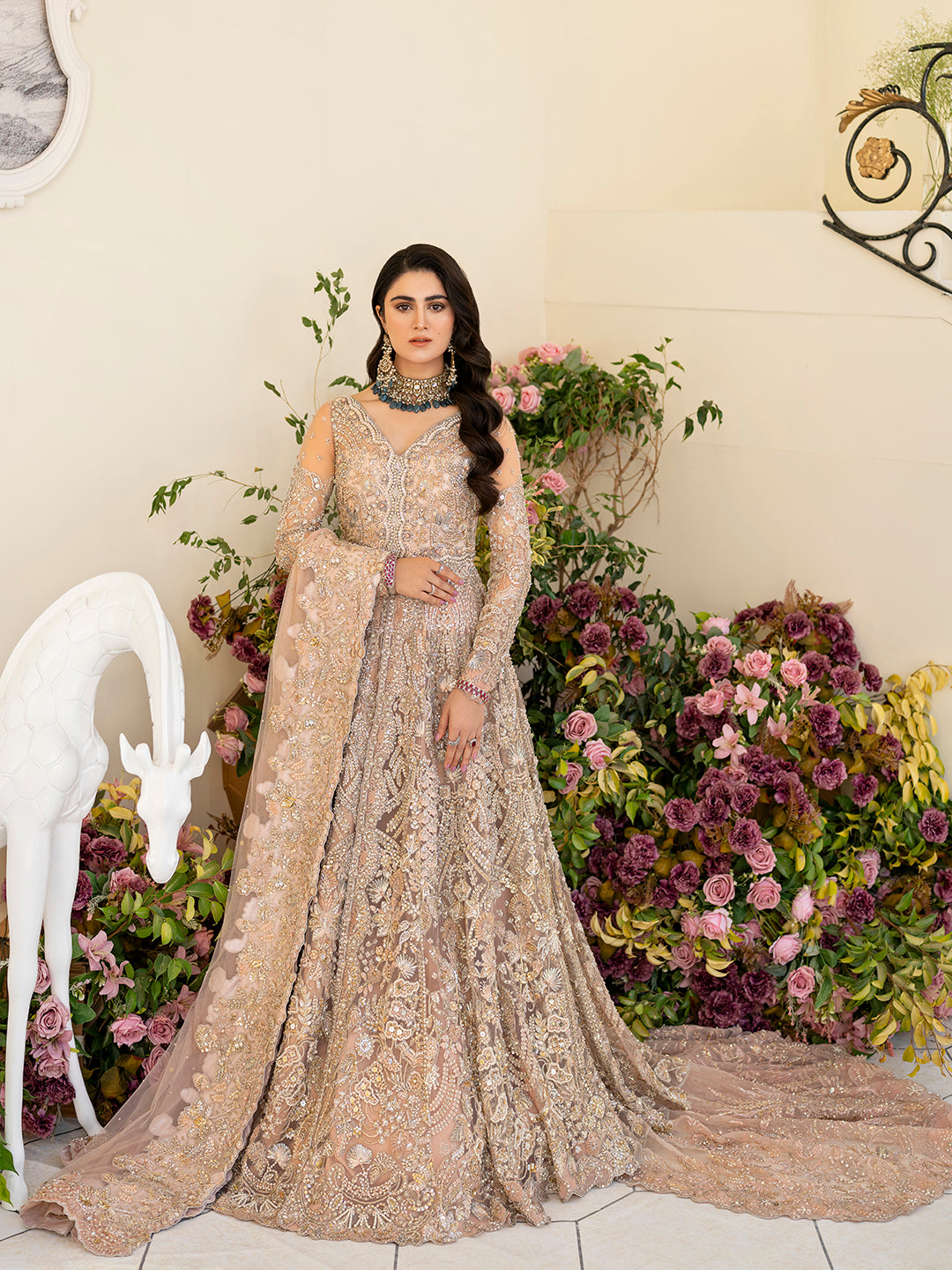 Gulmeena soft pink bridal outfit with floral hand embroidery and raw silk lehenga.