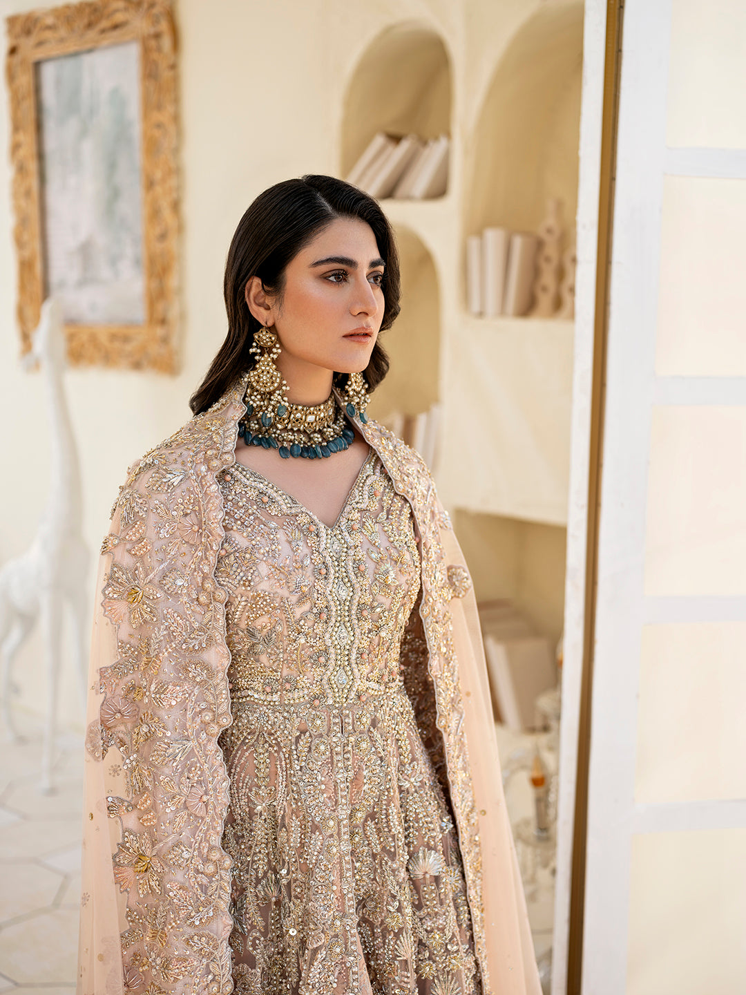 Gulmeena soft pink bridal outfit with floral hand embroidery and raw silk lehenga.