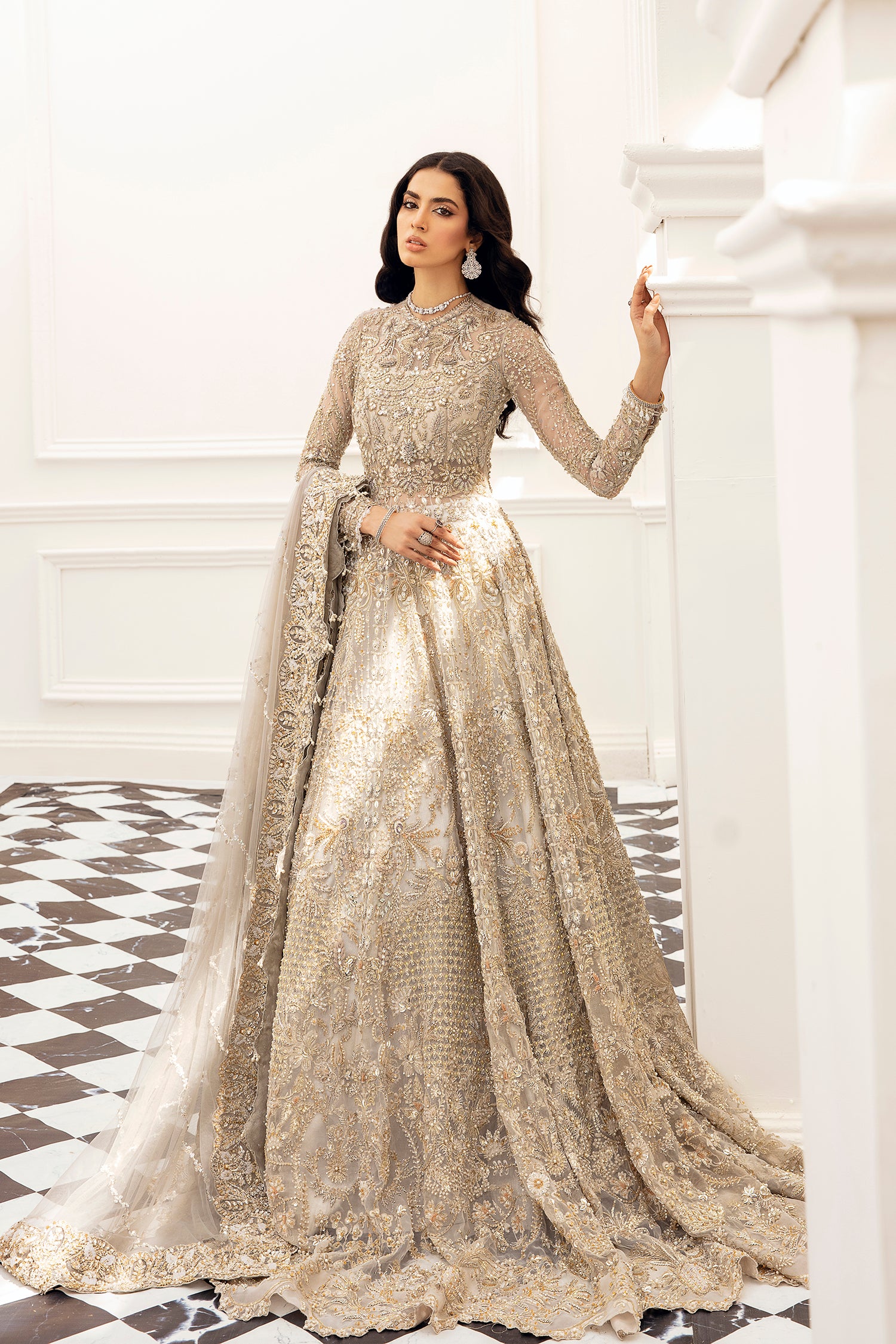 Amber bridal dress grey organza gown with Mughal-inspired embroidery – Pakistani luxury bridal fashion.