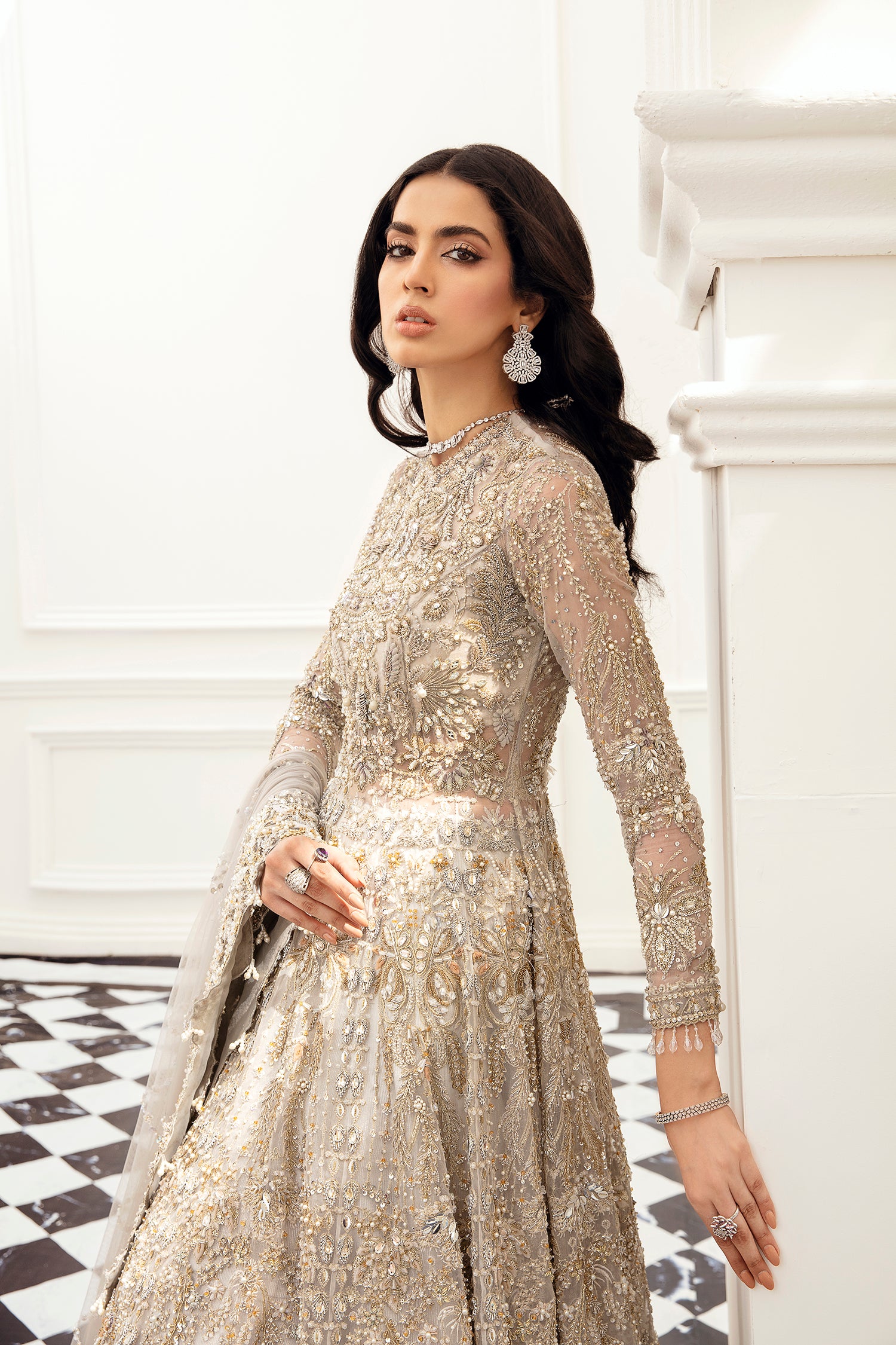 Amber bridal dress grey organza gown with Mughal-inspired embroidery – Pakistani luxury bridal fashion.