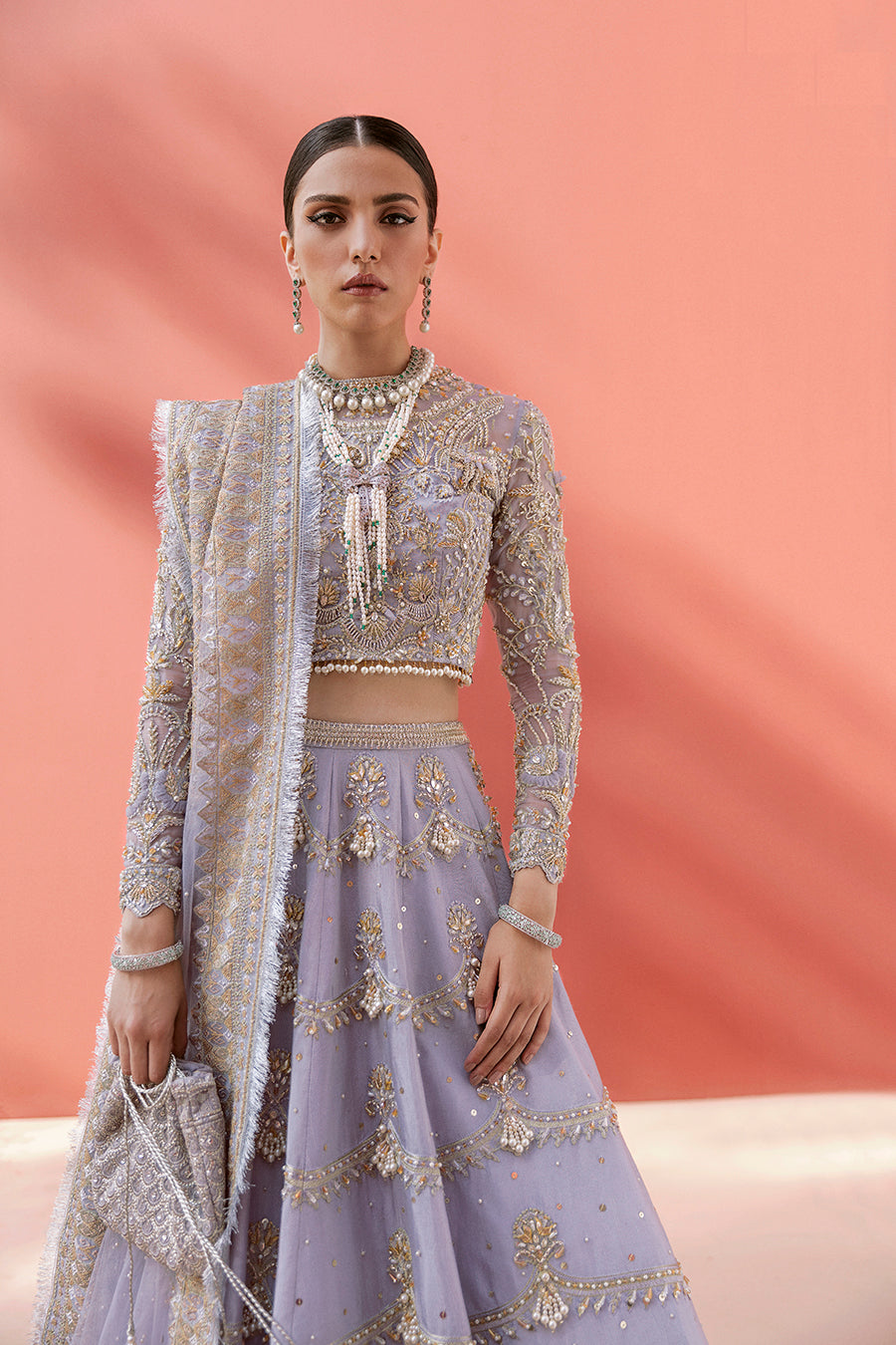 Pakistani bridal lehnga in ice-blue with organza choli and net dupatta - Mysie By Tahira