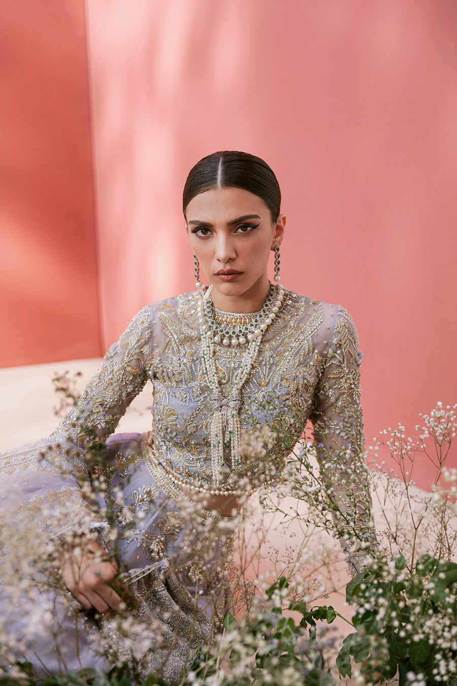 Pakistani bridal lehnga in ice-blue with organza choli and net dupatta - Mysie By Tahira