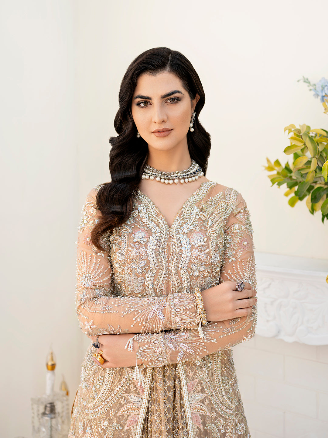 Ilama luxury formal outfit in muted peach and gold for Pakistani weddings.
