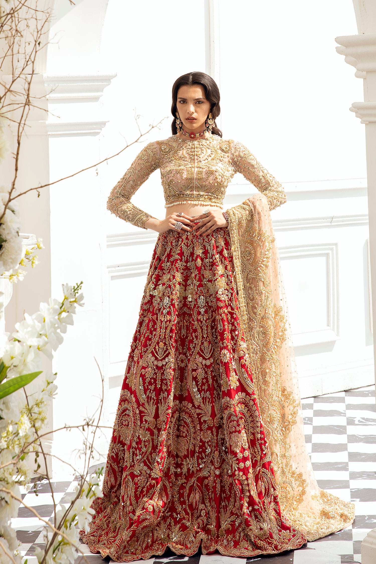 Pakistani bridal dress Kahlo – red lehnga with peach dupatta and hand embroidery.